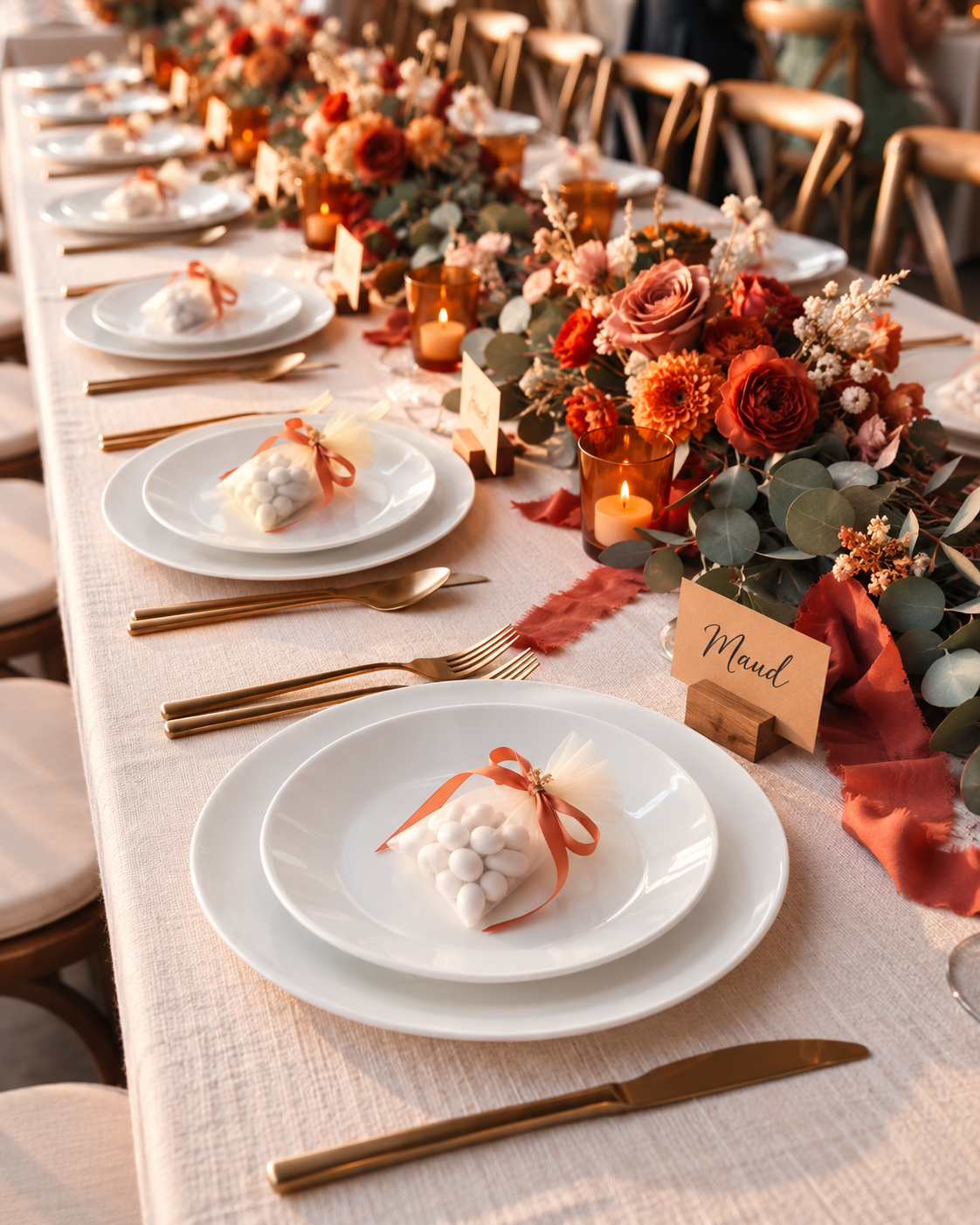 Petites assiettes blanches 19 cm superposées sur grandes assiettes, table de mariage automnale