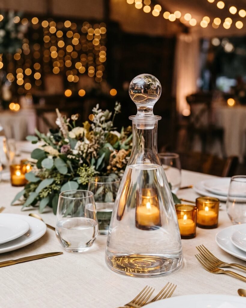 Carafe à eau en verre 0,75 L avec bouchon boule sur une table de réception