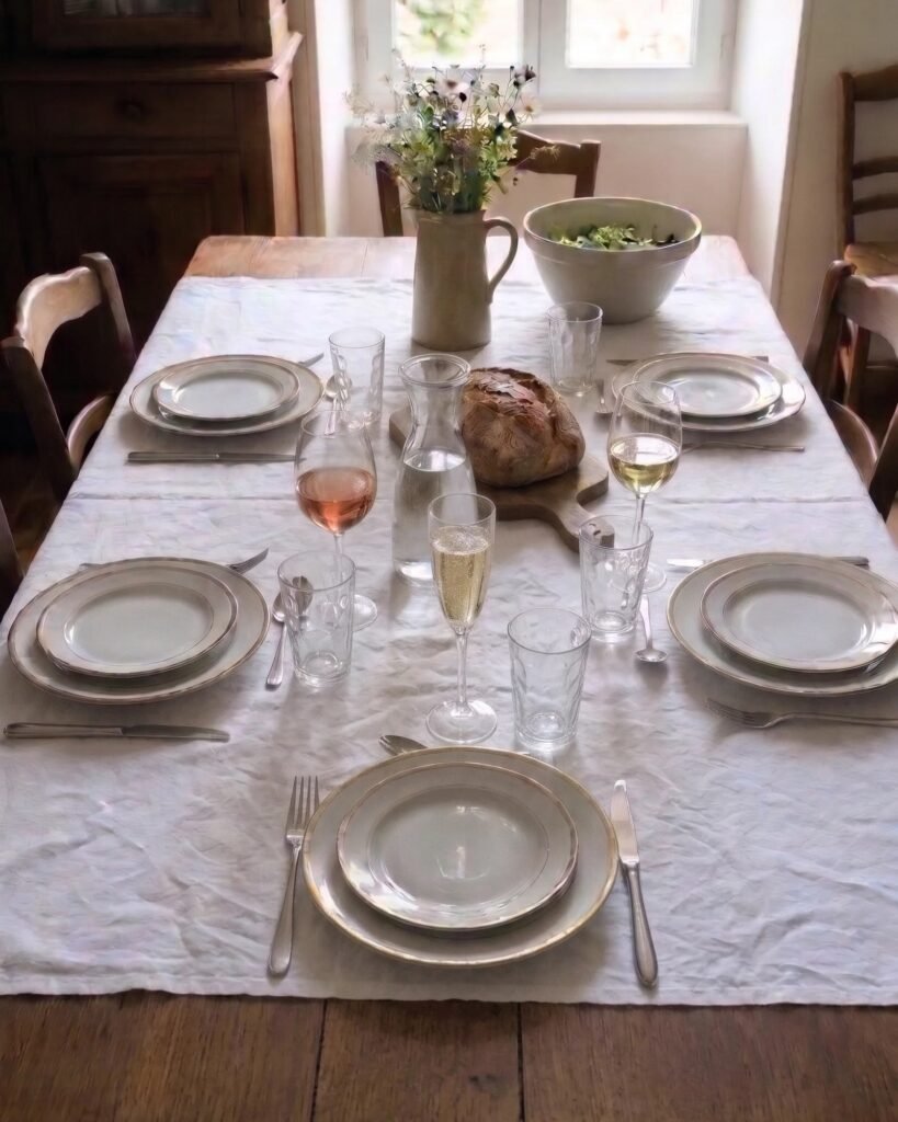 Table de repas familial dressée avec assiettes à liseré doré patiné, verres alvéolés et couverts dépareillés