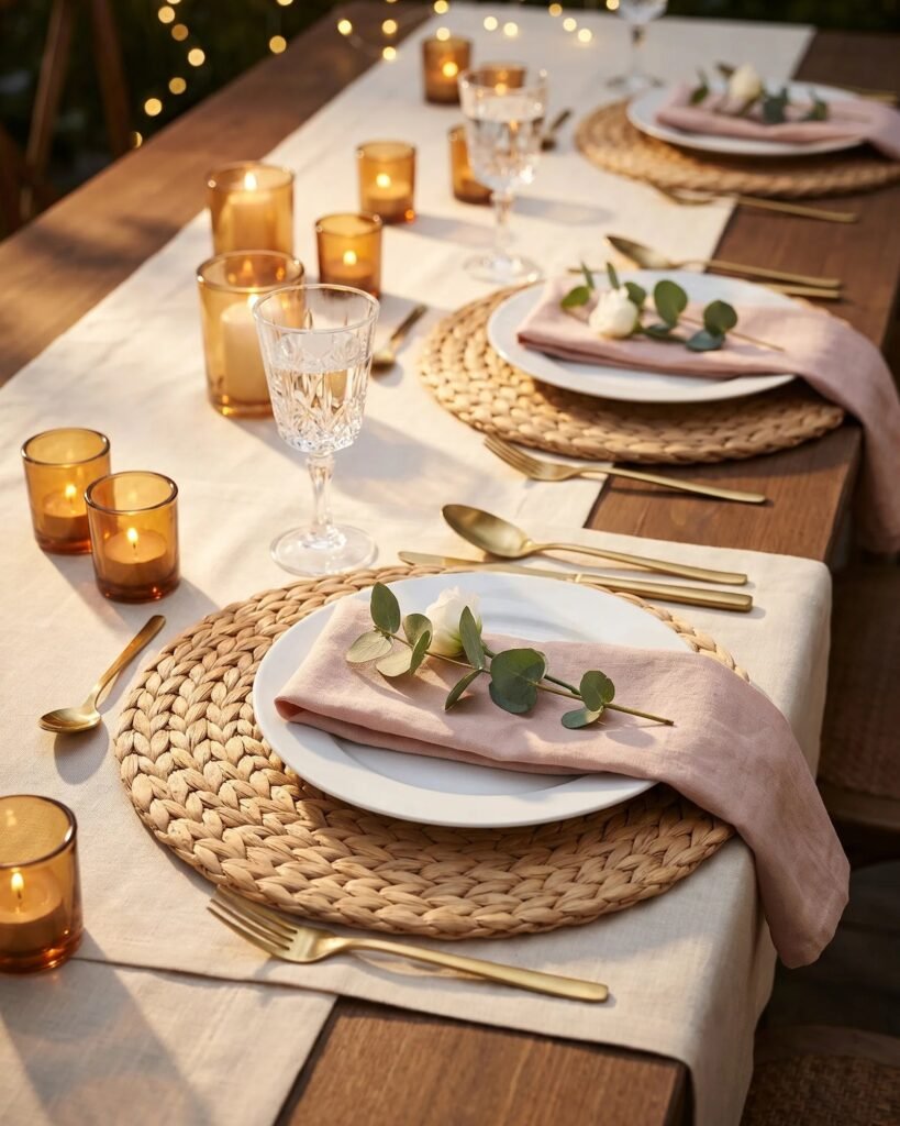 Sets de table ronds en jacinthe d'eau tressée sous des assiettes blanches, table de mariage aux chandelles