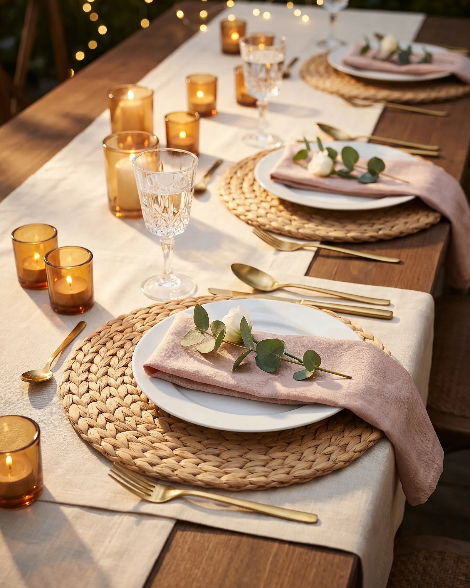 Sets de table ronds en jacinthe d'eau tressée sous des assiettes blanches, table de mariage aux chandelles