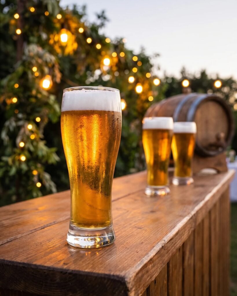 Verres à bière 32 cl remplis sur un bar en bois en extérieur