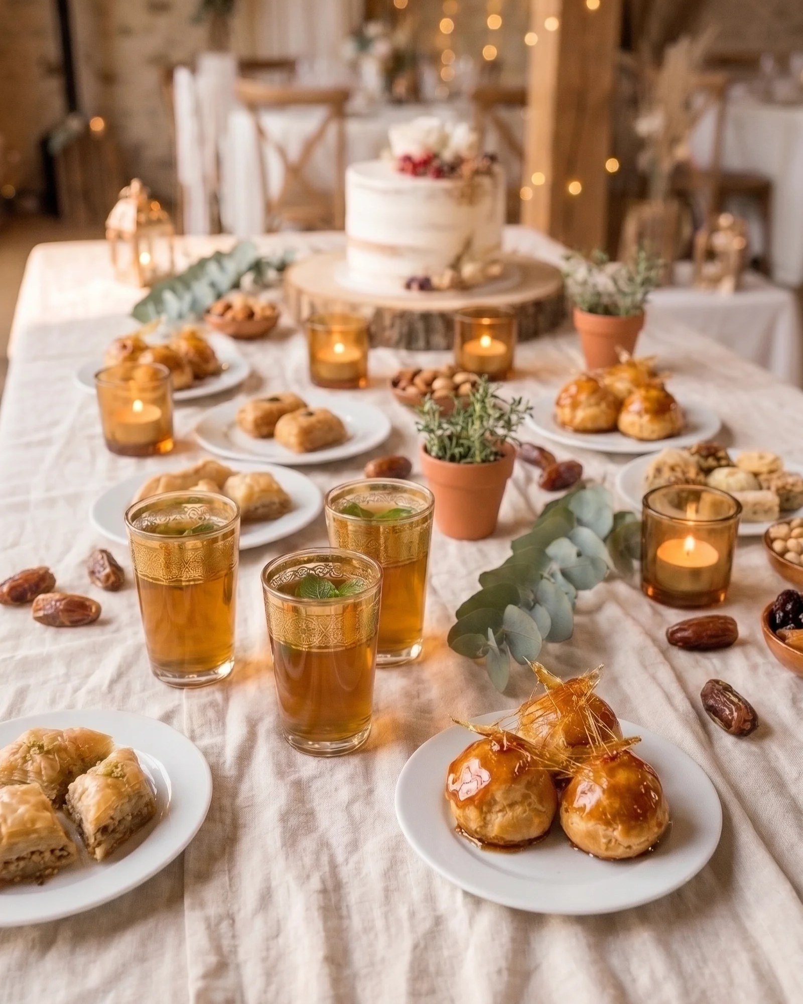 Table à dessert de mariage avec verres à thé dorés, choux caramélisés et pâtisseries orientales